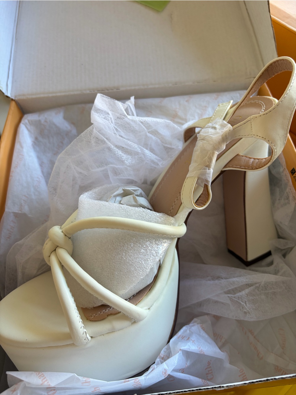 Chase + Chloe Cream Knot-Front Block Heel Sandals